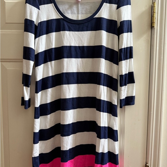 New Lilly Pulitzer Navy Blue, White, and Pink Striped Devon Shift Dress - Picture 3 of 8